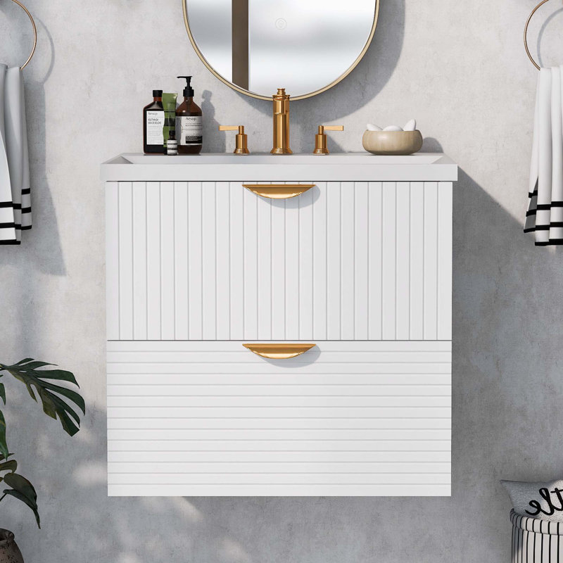 Meuble-lavabo mural moderne avec lavabo en résine et 2 tiroirs