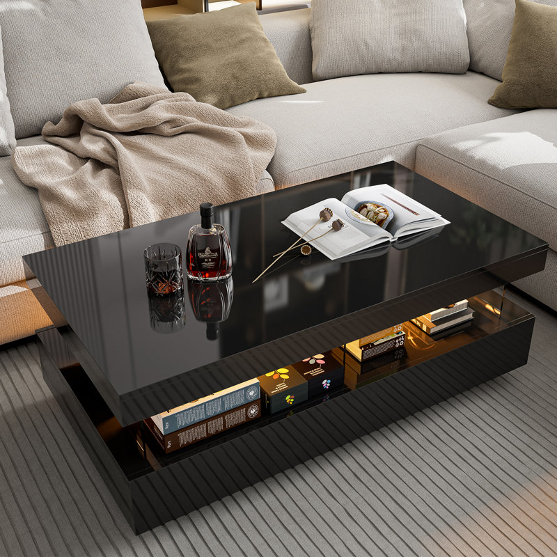Table basse moderne laquée brillante avec éclairage DEL 16 couleurs et 2 tiroirs, dessus en acrylique ajouré, pour salon, noire