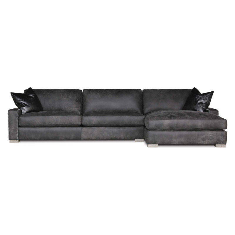 Uptown Cowboy Chaise Sectional, Right Hand Facing, Midnight Longhorn Genuine Leather