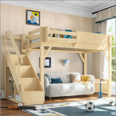 Lit mezzanine avec garde-robe et espace de rangement intégrés, lit mezzanine en bois massif avec tablettes à côté, garde-corps pleine longueur et escalier, aucun sommier nécessaire