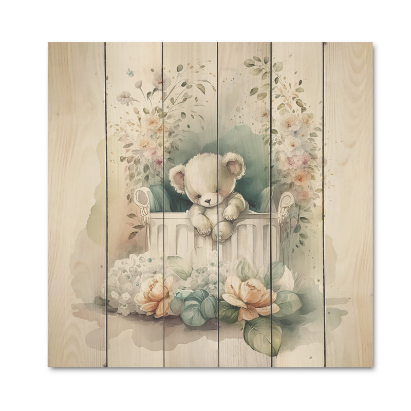 Ours en peluche Jenna dans un lit de bébé avec fleurs I - impression sans cadre sur bois, H 36 po x l 36 po x P 1,5 po