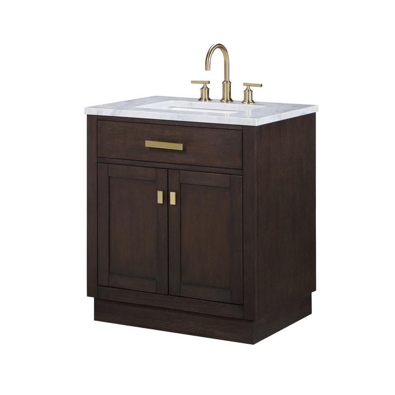 Chestnut 30" Carrara White Marble Countertop Bath Vanity with Mirror, Brown Oak