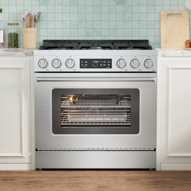 36-Inch Slide-In Gas Range with Air Fry, Convection Bake, Broil & Keep Warm Modes, 2 Oven Racks, Air Fry Tray, Anti-Tip Bracket, Steam Clean, LP Convertible, 6 Burner with Dual Ring 22k BTU