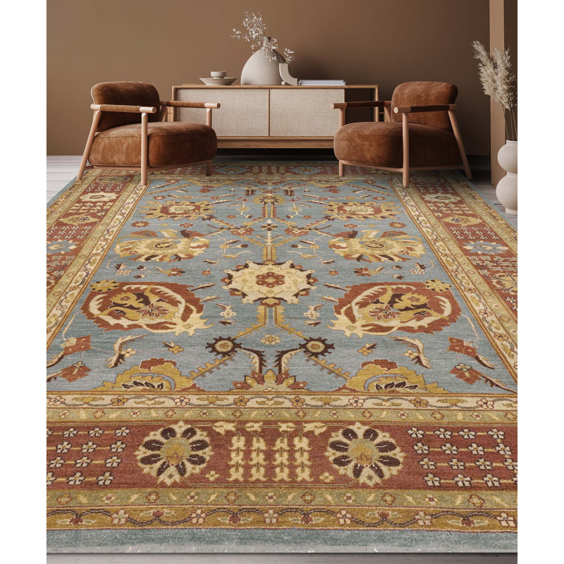 Wool Oriental Area Rug in Amber/Brown/Blue, Rectangle 4' x 6'