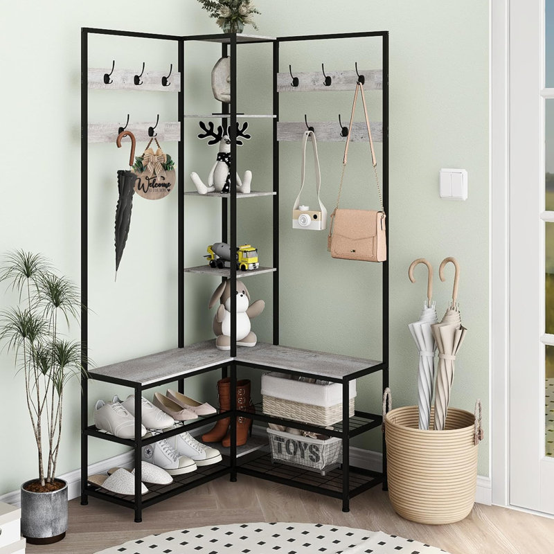 Corner Hall Tree Belt Shoe Rack Storage Bench Display Open Shelving Modern Industrial Entrance Clothing Rack Support, Gray