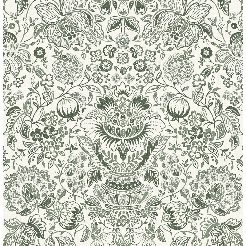 Blanche Dark Green Floral Damask Wallpaper, Green