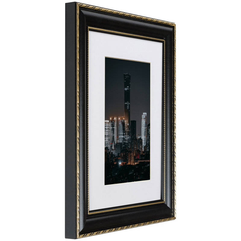 Azeezat Black/Gold Solid Wood Gilded Picture Frame - Set of 4 with Mat