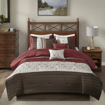 Édredon rouge très grand 7 pièces - Matériau de motif brodé 2 taies décoratives, 3 coussins décoratifs, 1 jupe de lit