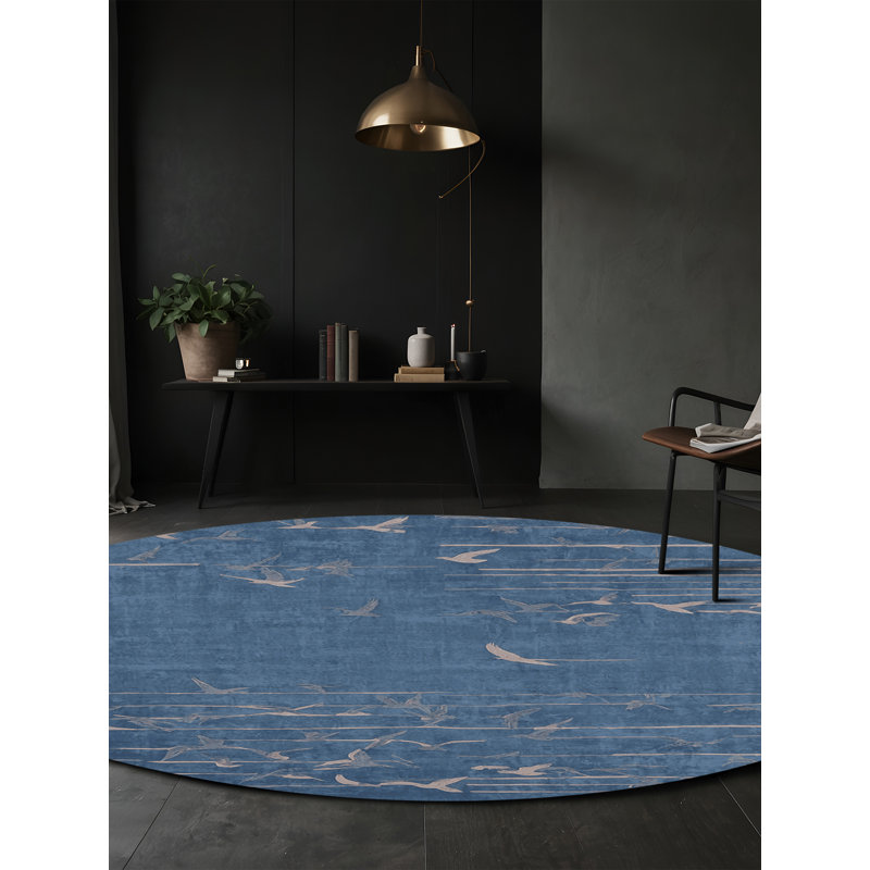 Machine Washable Blue Area Rug, Round 5'