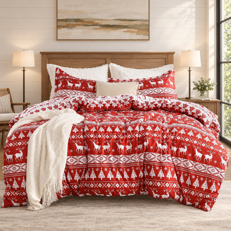 Literie réversible avec motif de rennes et sapin de Noël, 90 po x 90 po