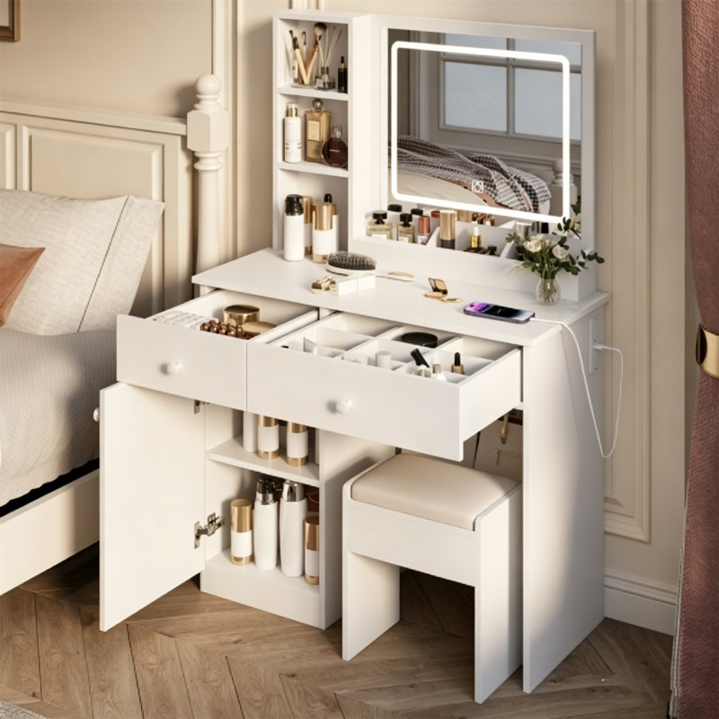 Bureau de coiffeuse Fashion avec miroir à 3 lumières DEL à intensité variable, ensemble de coiffeuse avec 2 grands tiroirs, coiffeuse lumineuse réglable pour la chambre à coucher, petit espace