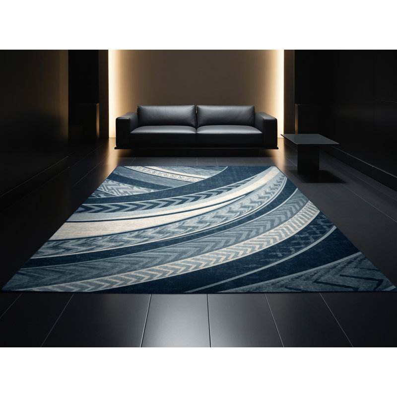 Machine Washable Hamilton Tawhiri Art Deco Arc Rug in Gray – Navy Binding, 5x8