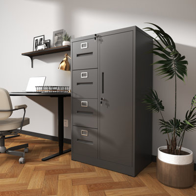 Classeur vertical en métal avec serrure, classeur en acier avec 4 tiroirs et 1 porte pour école, salon, chambre à coucher, bureau (noir)