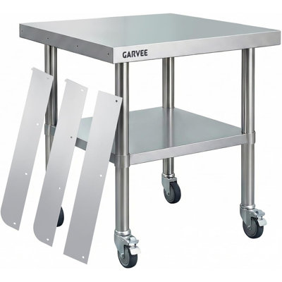 Table de travail en acier inoxydable avec roulettes, table de préparation des aliments commerciale avec dosseret détachable à 3 côtés et tablette inférieure à hauteur réglable, établi pour garage de restaurant