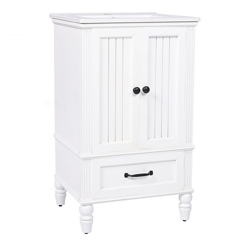 Meuble-lavabo avec lavabo, armoire de salle de bain avec deux portes, butoir de porte magnétique et tiroir, Blanc