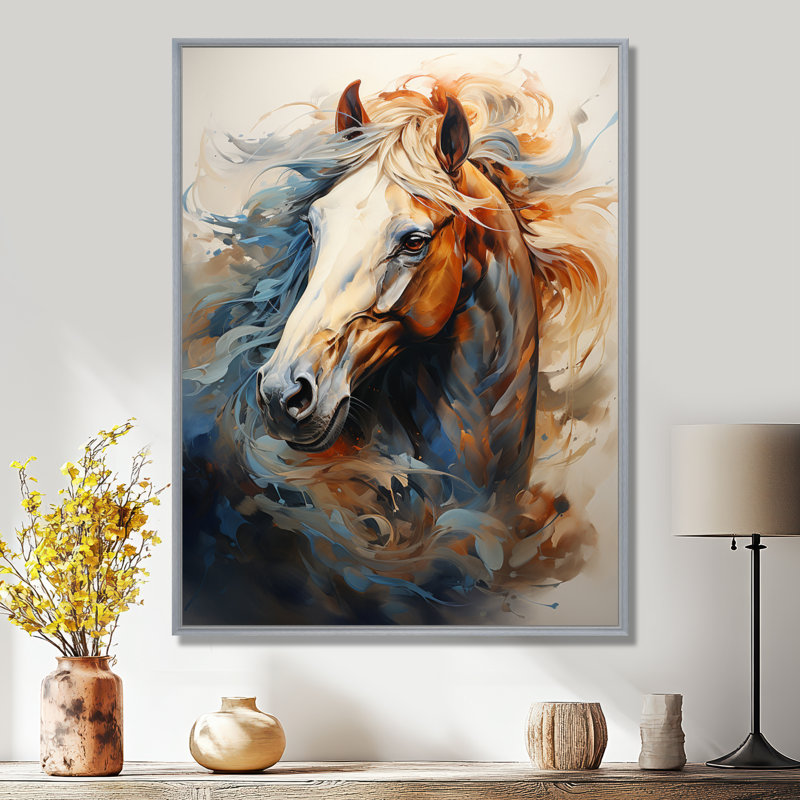 «Horse Grace Portrait I» - art mural cheval, H 44 po x l 34 po, Reproduction avec cadre flottant, Argent argent