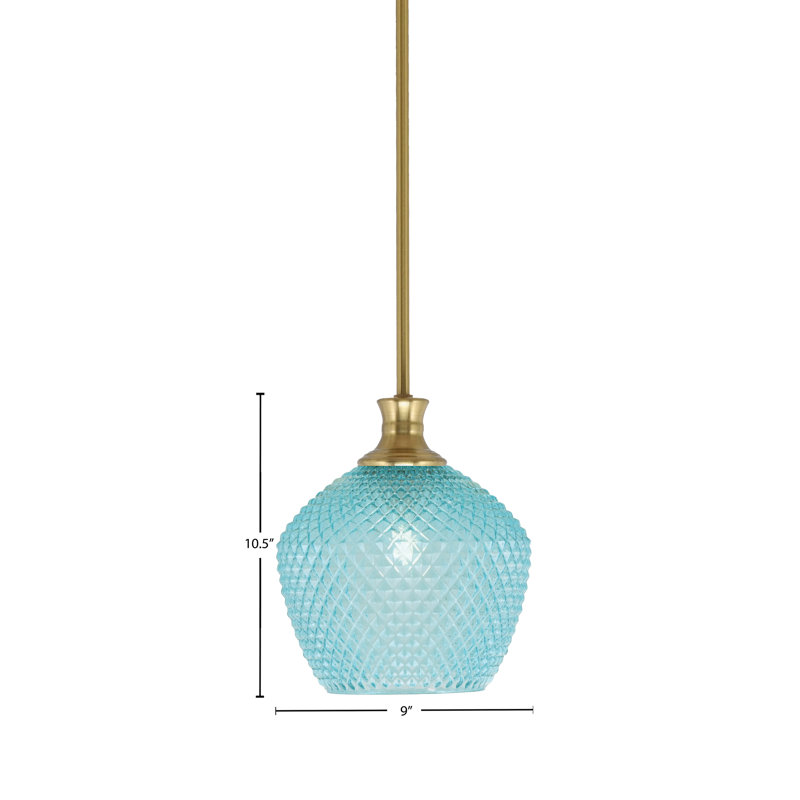 Luminaire suspendu Quapaw avec verre texturé turquoise, Laiton New Age, H 10,5 po x l 9 po x P 9 po