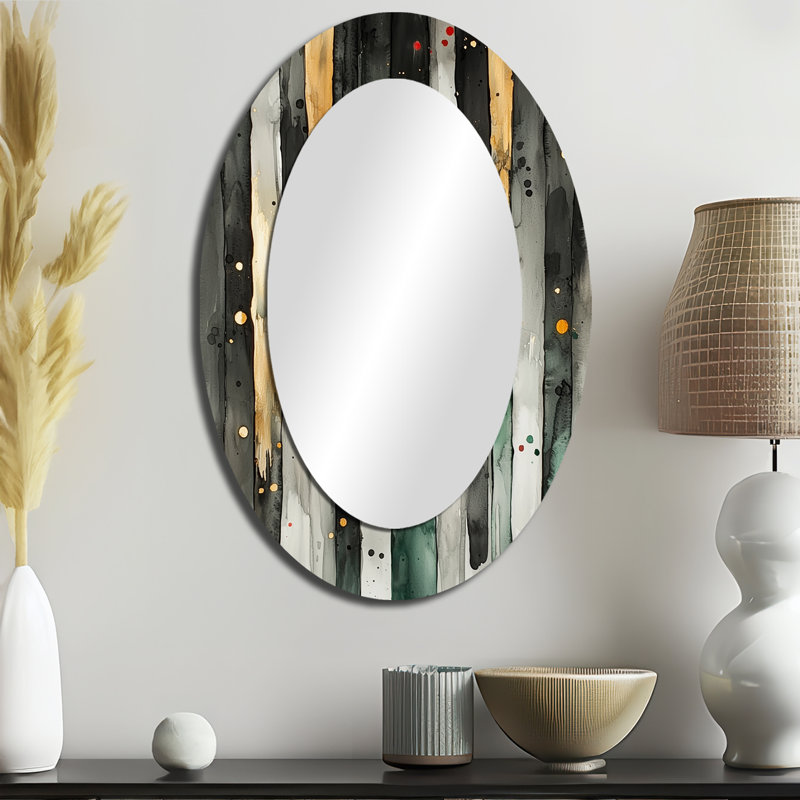 Gold Green Ethereal Optical Currents I - Large Oval Wall Mirror On Metal, 36" x 24"