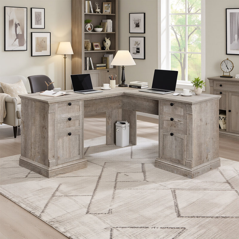 60" L Shaped Executive Desk with Drawers & Charging Station, Light Rustic Oak