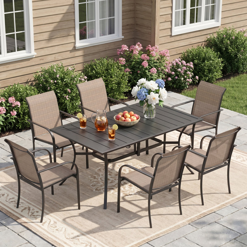 7 Pieces Patio Rectangular Table Outdoor Dining Set, Brown