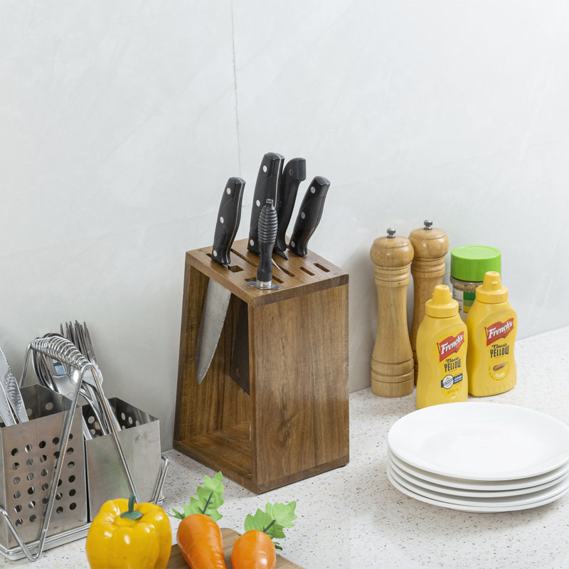 9-Slot Acacia Wood Knife Block – Solid Wood Countertop Cutlery Holder Stand with Open Frame