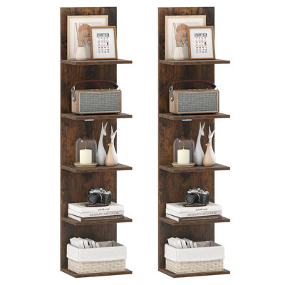 2 PCS 5-Tier Wall Shelves Vertical Floating Storage Shelf Unit Wall-Mounted Organizer Rustic Brown