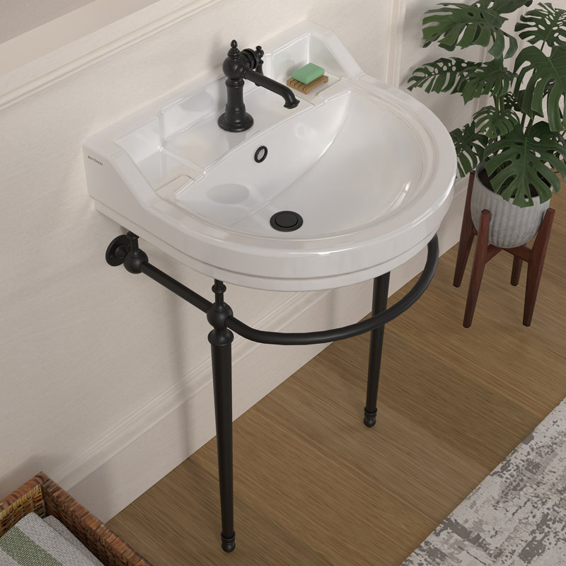 Console Whitehaus de 22 po avec cuve semi-circulaire, repose-pieds en laiton massif et porte-serviettes à l'avant, Noir mat