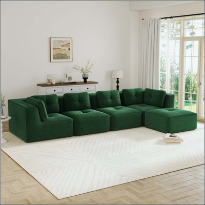 Modern Modular Sectional Sofa For Living Room, Corduroy Fabric, 4-Seater Couch With Deep Seat And Movable Ottoman,Pearl-Like Piping, Tufted Design,No Assembly, Anti-Slip Design