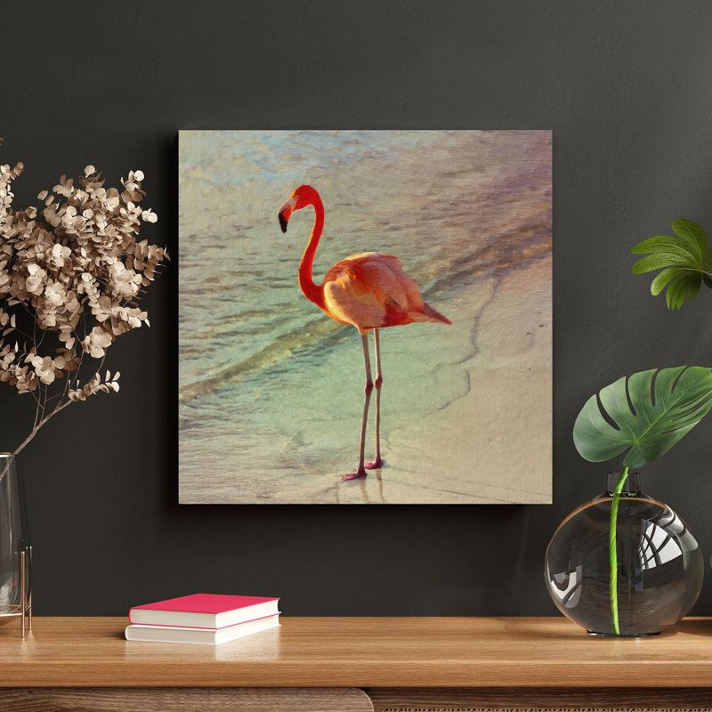 Flamant rose sur sable brun pendant la journée - Reproduction d'art graphique carré sur toile tendue - 1 pièce - 433