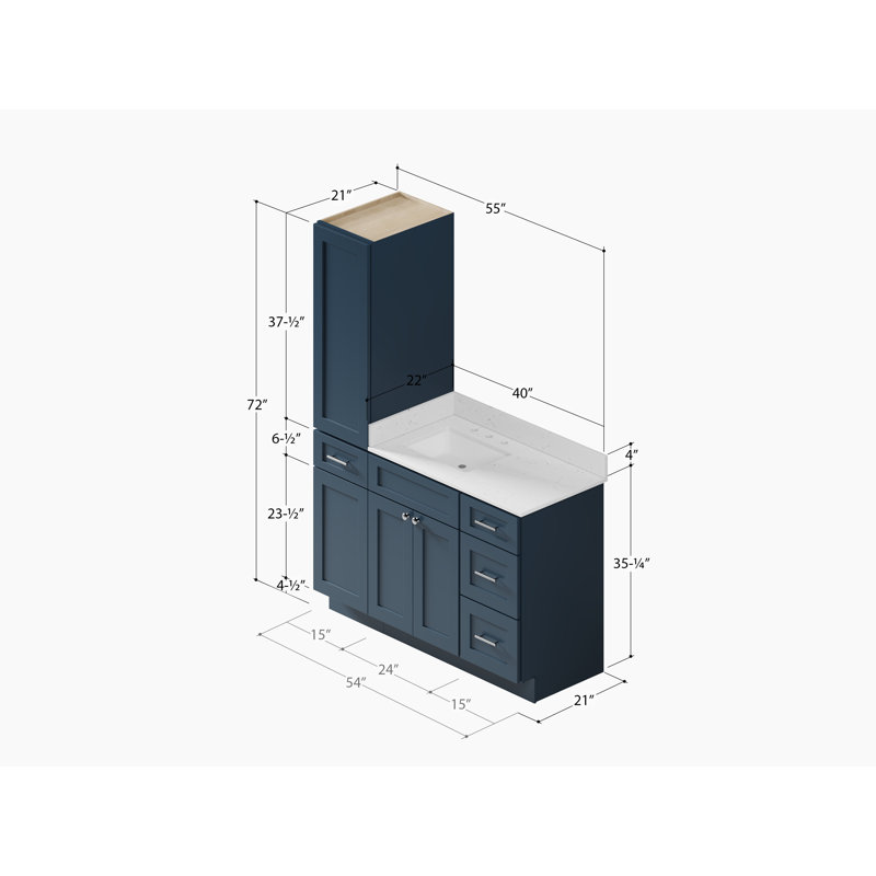 Disar 54' Single Bathroom Vanity With Left Linen Tall Cabinet Dovetail Solid Wood Drawer Carrara Quartz Top, Blue