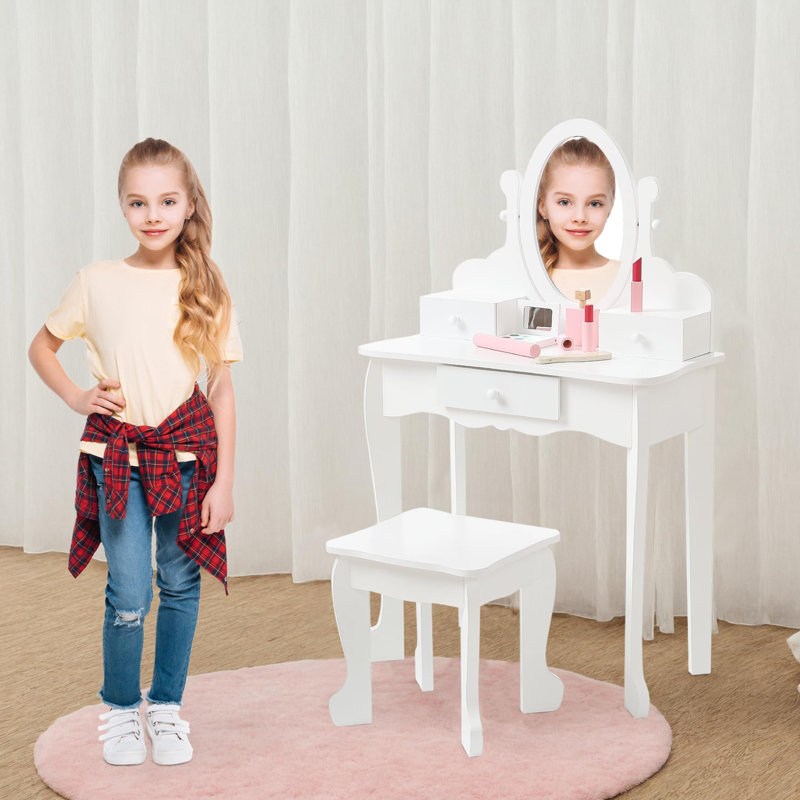 Ensemble de coiffeuse pour enfants avec miroir et tabouret réglables, ensemble de coiffeuse pour tout-petits en bois avec tiroirs, coiffeuse de maquillage pour petites filles