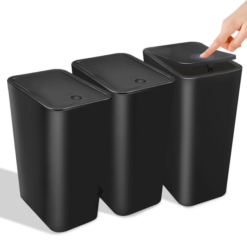 Black Slim Plastic Trash Cans with Pop-Up Lid, 3 Pack