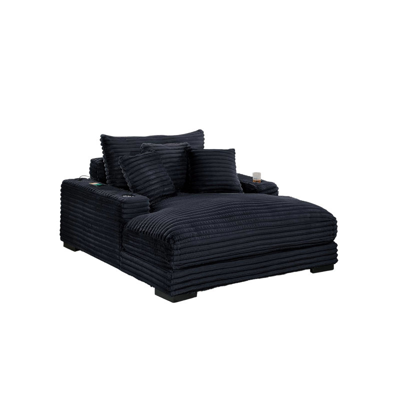 Chaise longue moderne transitionnelle en velours côtelé géant noir, 2 porte-gobelets, portos, pieds à profil bas et coussins élégants décontractés avec une teinte chaleureuse en bois