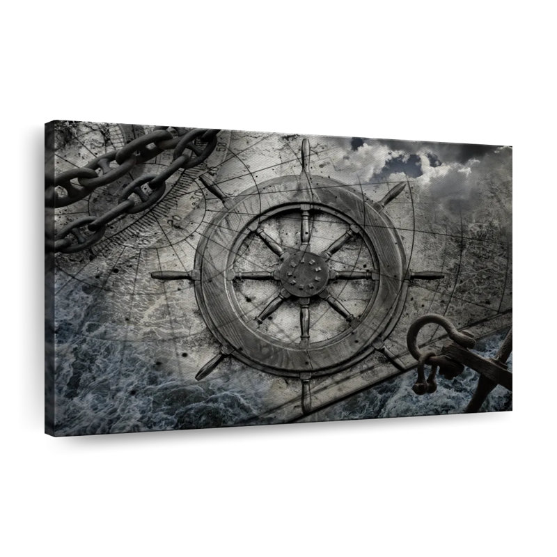 Roue de bateau rétro sur toile, H 20 po x l 30 po x P 1,25 po