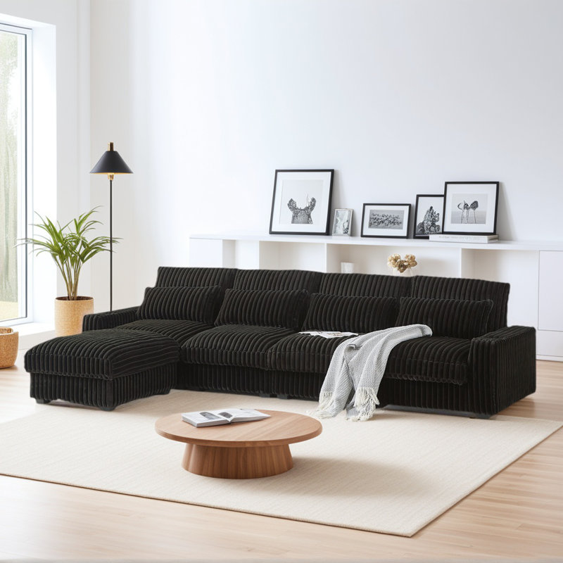 L-Shaped Corduroy Modular Sectional Sofa Couch with Movable Ottoman, Black Corduroy