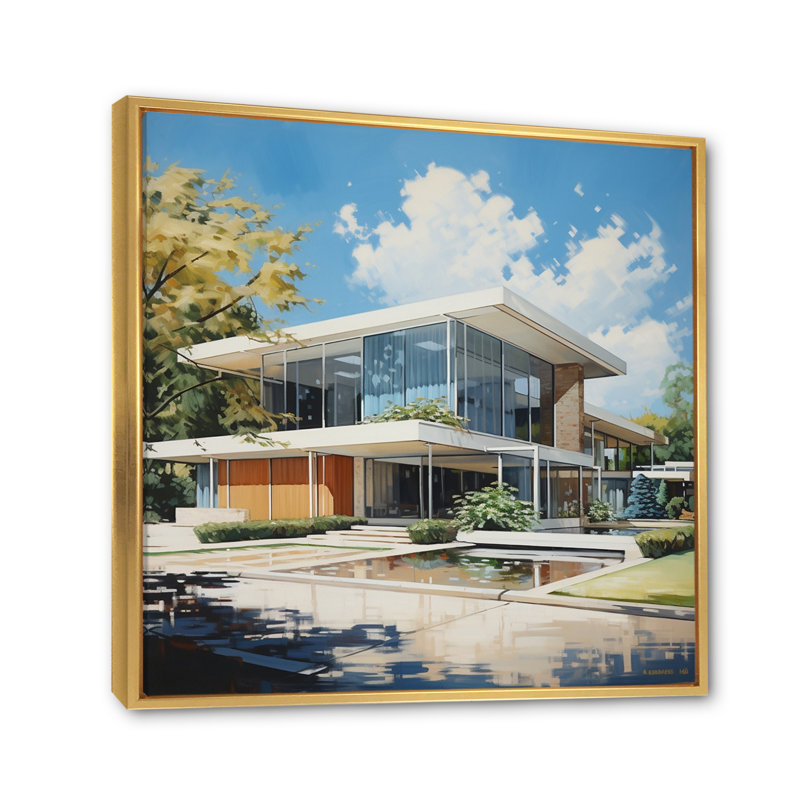 Élégance architecturale beige Mid-Century - imprimé, H 24 po x l 24 po x P 1 po, Cadre flottant doré