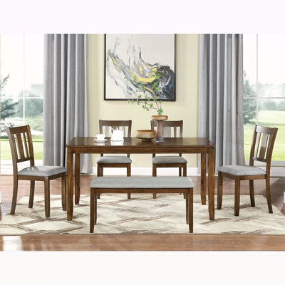 6 Piece Kitchen Dining Set, Rectangular Wooden Dining Table With 4 Upholstered Chairs And A Bench, Dining Table Set For 6 People, Living Room, Home Ba
