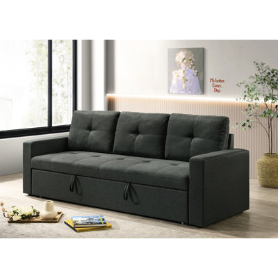 Canapé-lit à 3 places en tissu gris foncé Cushions: l 83,5 po, profondeur 29,34 po, hauteur 33,99 po, l 134,03 po, l 70,5 po x P 45 po, l 15,5 po, 73 po, dossier 20,5 po, 17,5 po, arrière, 22,5 po, 1 po, noir Pieds en plastique, sièges rembourrés de mousse,