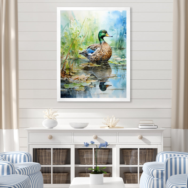Duck Pond Reflections I - Duck Animal, art mural, Cadre photo argenté, H 44 po x l 34 po