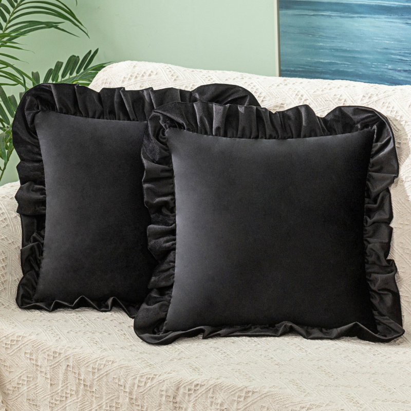 Set Of 2 Velvet Pillow Cover With Big Lace, Black