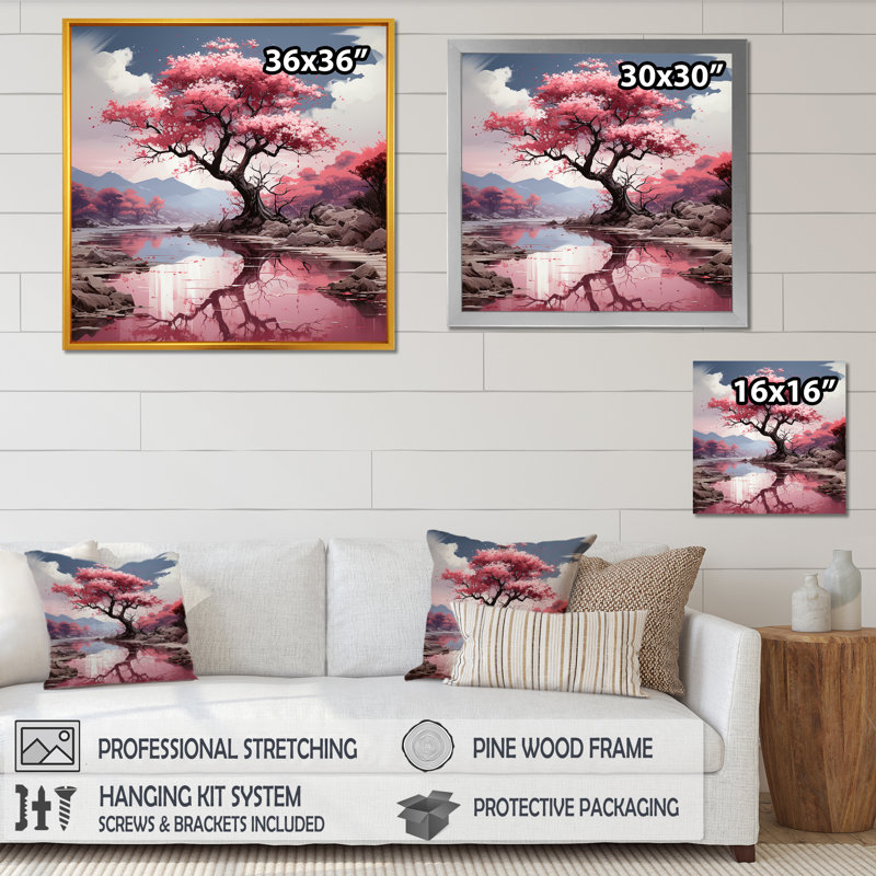 Cerisier rose en fleurs dans la rivière I - Art mural cerisier en fleurs, Blanc, H 30 po x l 30 po