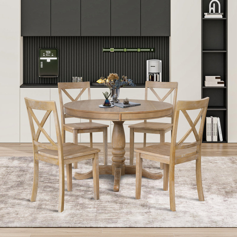 Kawliga 5-Piece Dining Table Set, Two-Size Round To Oval Extendable Wood Dining Table and 4 Upholstered Dining Chairs