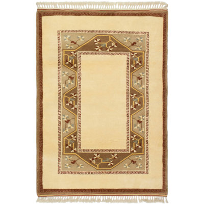 Tapis unique en laine noué à la main style Anatolian des années 1980 de 4 pi 1 po x 5 pi 10 po beige Qwanisha