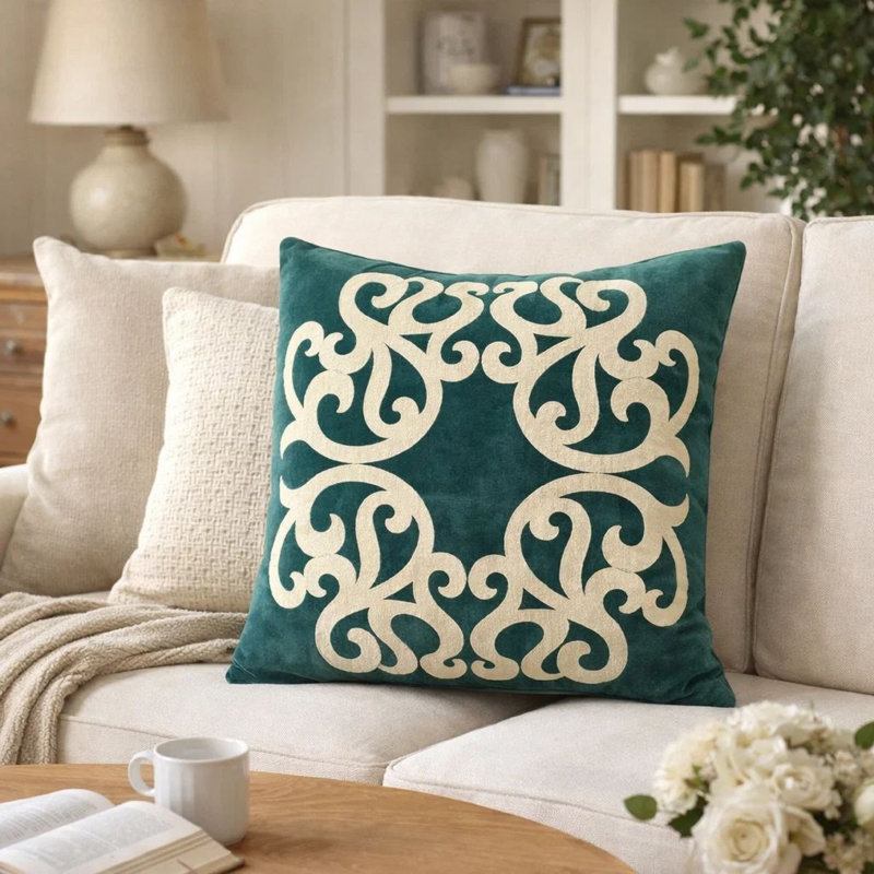 Housse de coussin carré Dery 20 x 20, velours vert double face rétro, Vert foncé / blanc