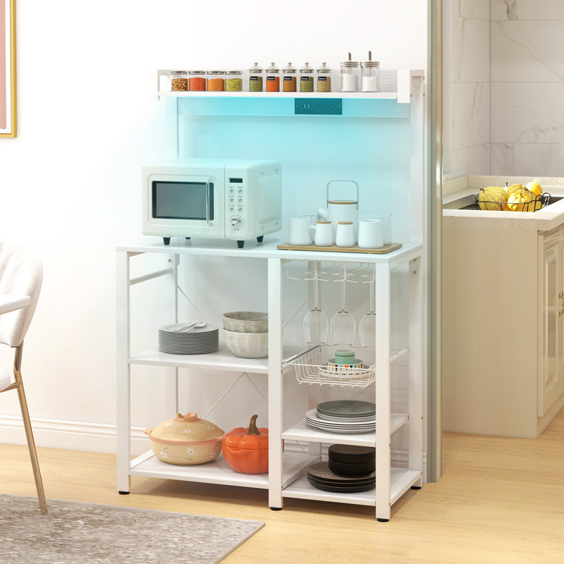 White Composite Kitchen Baker's Rack with LED Lights and Charging Station