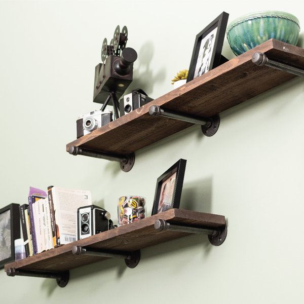 Black/Natural Floating Metal and Wood Wall Shelves (Set of 3)