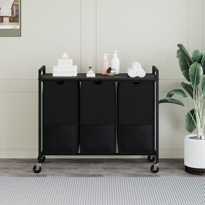 Laundry Sorter with Wheels and Removable Bags, 3-Bin Rolling Storage Cart with Shelf for Bedroom Bathroom Dorm, 33" Space-Saving Hamper