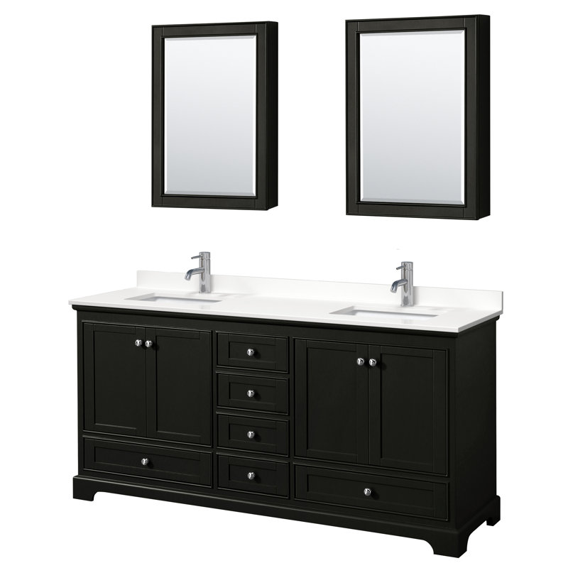 Ensemble de meuble-lavabo double autoportant 72 po avec plateau en quartz Deborah, Quartz blanc, Espresso foncé, Chrome poli