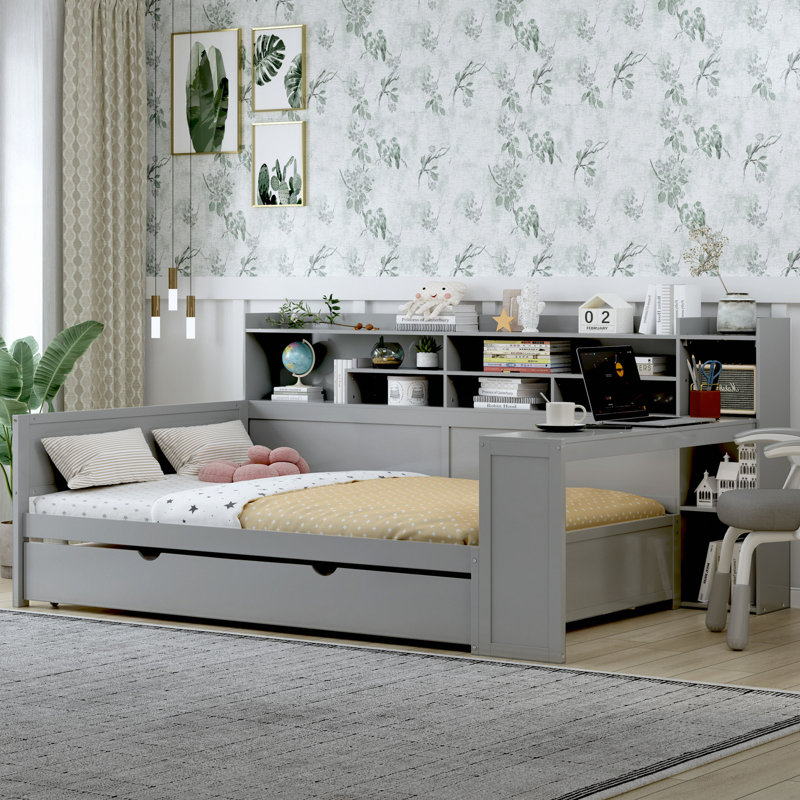 Lit de jour en bois avec tablettes de rangement, lit multifonctionnel avec lit gigogne et bureau d'étude, Complet/Double