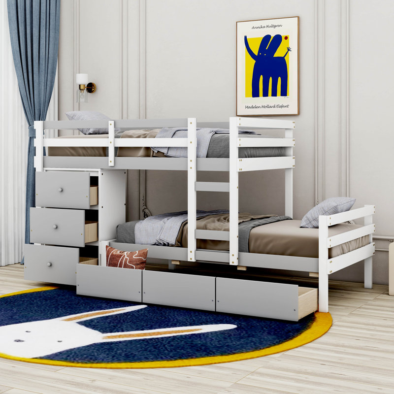 Sanna Kids Twin over Twin Bunk Bed with Drawers, Gray